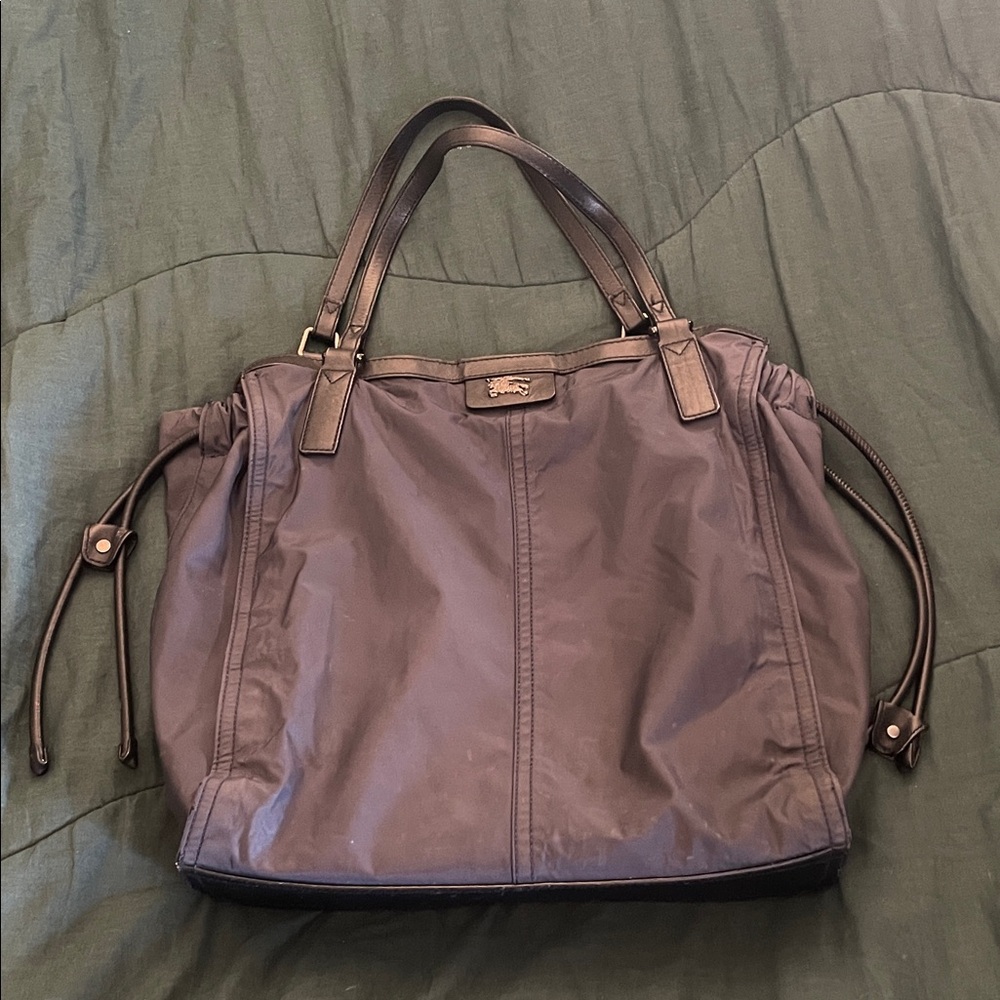 Burberry Dark Blue Nylon Tote with Leather Trim